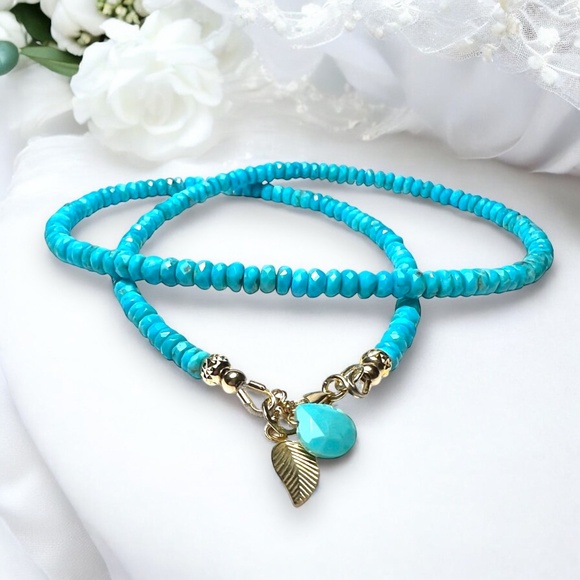 Handmade Natural Arizona Turquoise Necklace in Solid 14k Yellow Gold - Picture 1 of 11